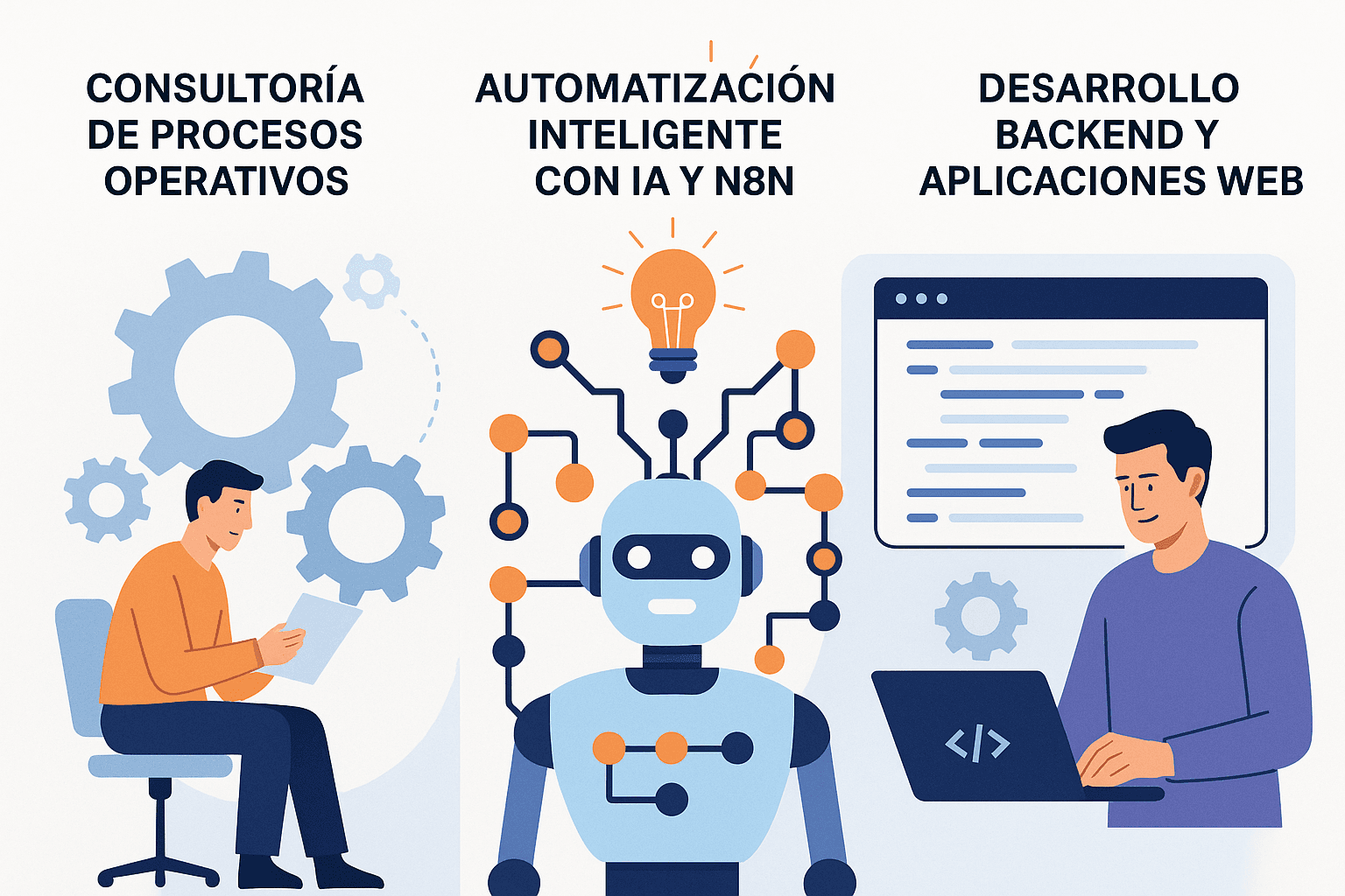 Illustration of operational consulting, AI and N8N automation, and backend/web development